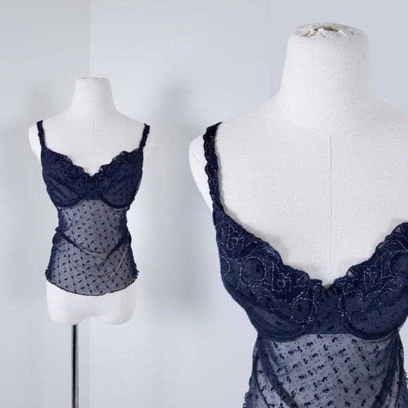 90’s Lace Corset Camisole sheer metallic adjustable appliqué polka dot V-neck - Picture 1 of 16